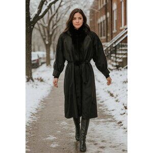 Vintage Harry Yagoda Weatherproof Black Trench Coat Fur Trim & Lining Size Large